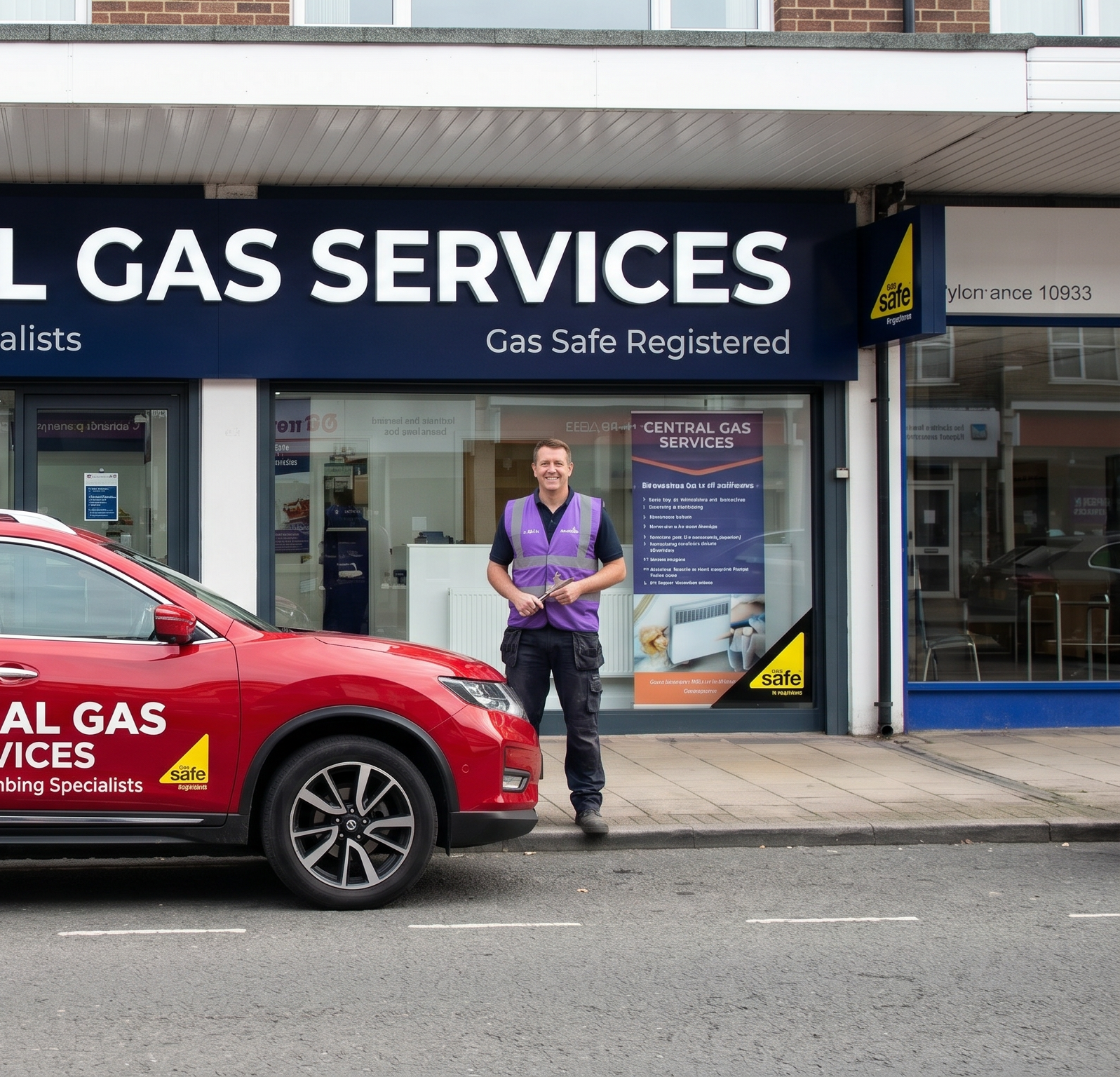 Central Gas Services Ltd shopfront in Morden with branded vehicle - Gas Safe registered boiler installation